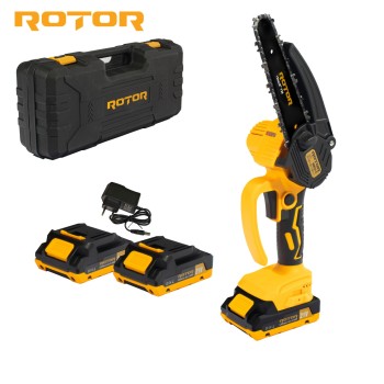 Mini fierastrau cu lant pe acumulator, ROTOR RMC21-6, 21V, 2Ah, 12m/s, lama 15 cm, 2 acumulatori inclusi