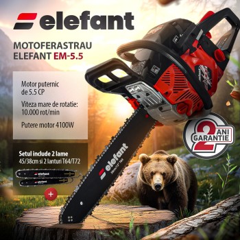 Motofierastrau (drujba) pe benzina, ELEFANT EM-5.5, 2T, 5.5CP, 10000 RPM, 2 lame si 2 lanturi 45 si 38 cm